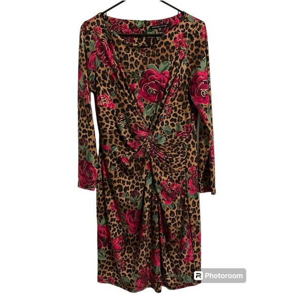 BOSTON PROPER Leopard Rose Print Ruched Front Dress size 12 - Picture 1 of 9